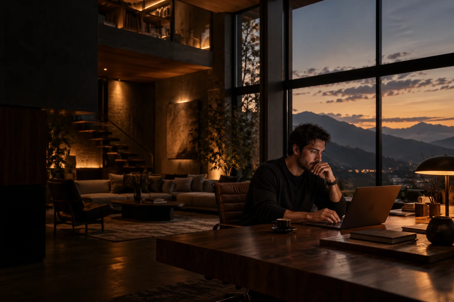 Profissional criando no notebook em um estúdio de arquitetura e madeira, ao anoitecer